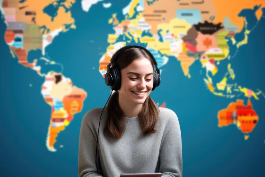 Joven sonriente con auriculares frente a un mapa mundi